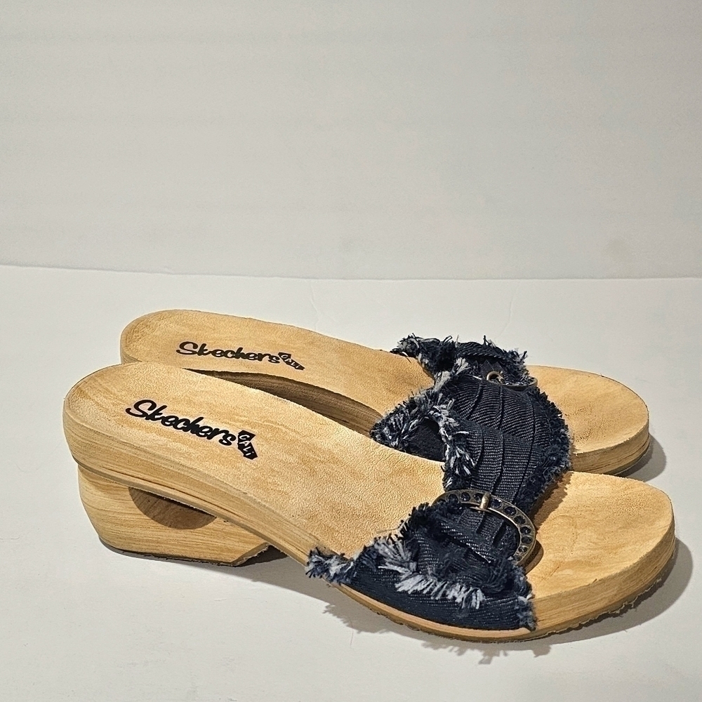 90's Skechers Dark Denim Rhinestone Hollow Wedge Heel Sandals